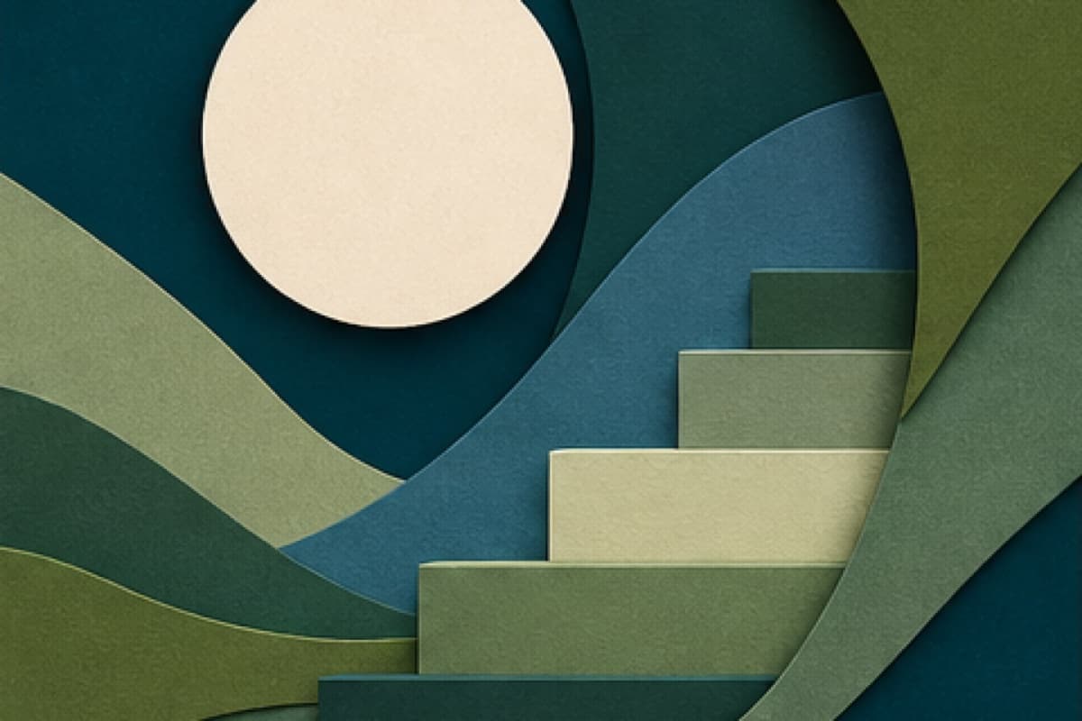 Graduated abstract steps rise within supportive curved layers.