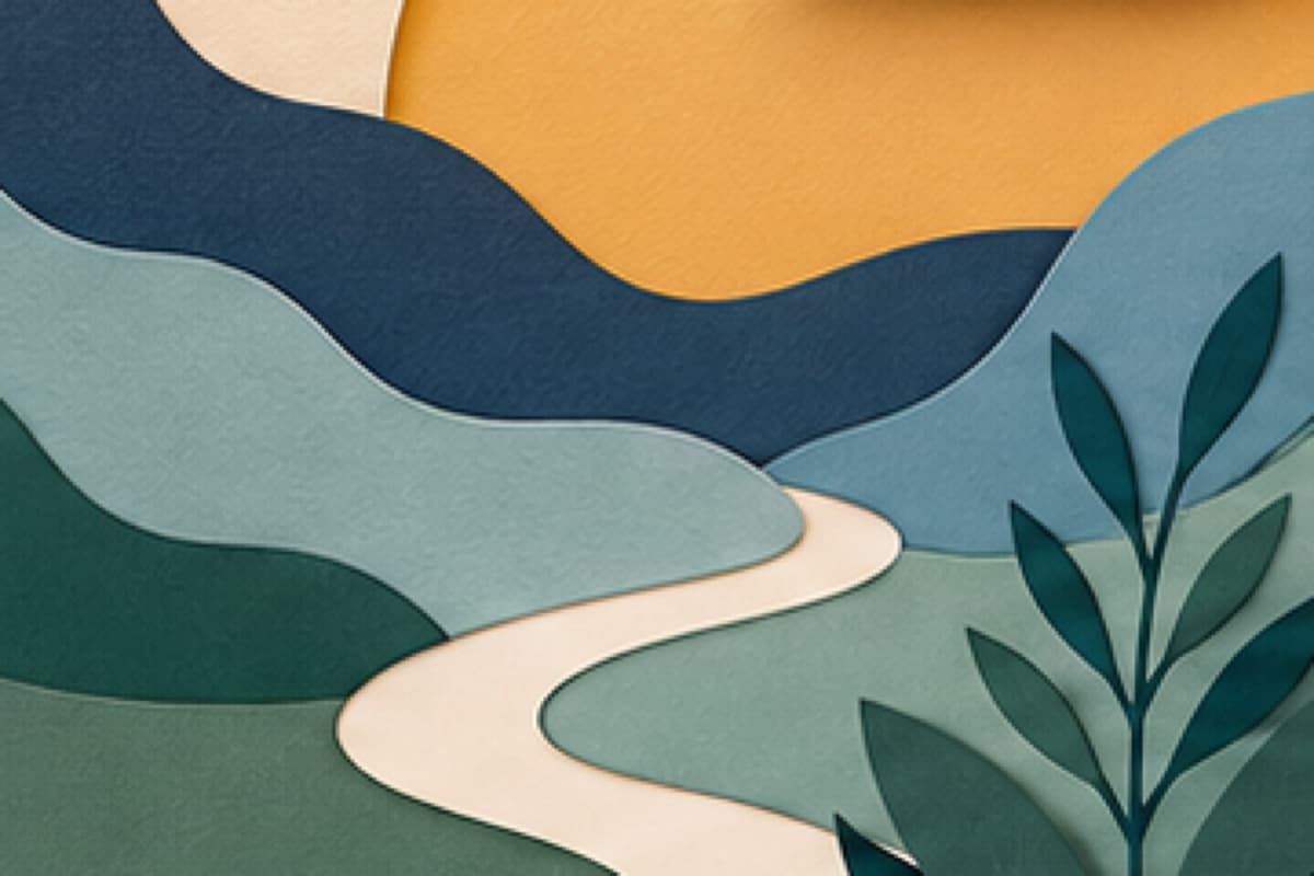 A clear path crosses layered shapes in an educational abstract landscape.